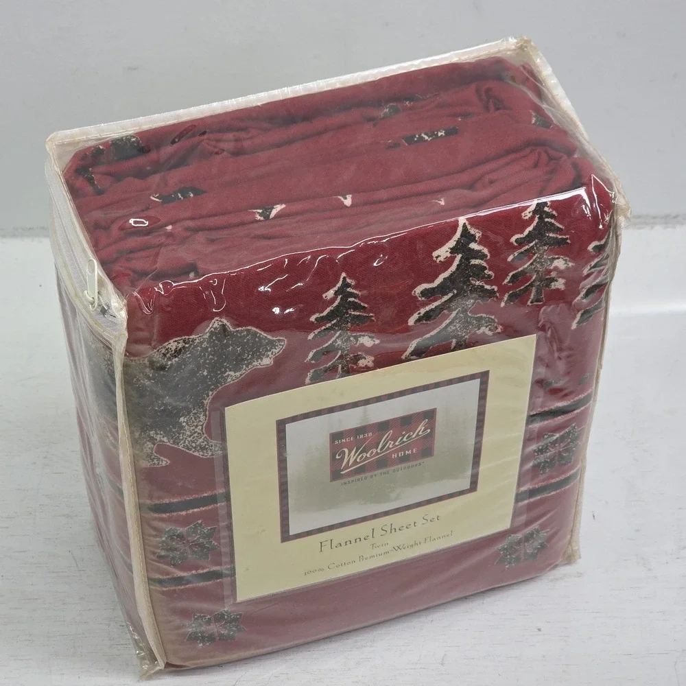 Woolrich Holiday Red Flannel Twin Sheet Set Christmas Outdoor Lodge Cabin Bear
